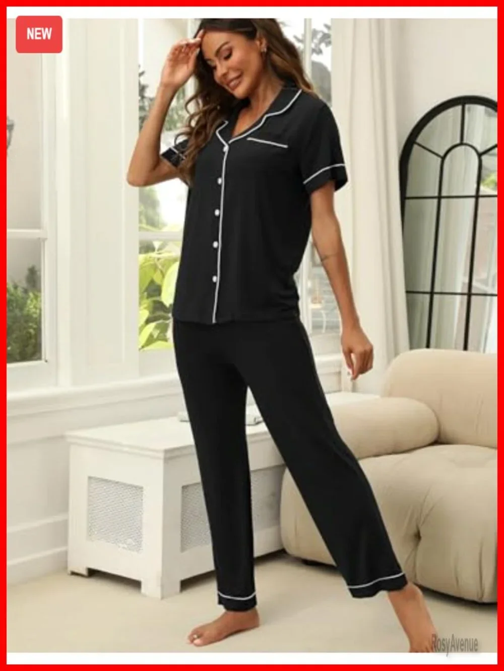 Women's 2 Piece Button Up Pajama Set with Pocket Short Sleeve Pj Set